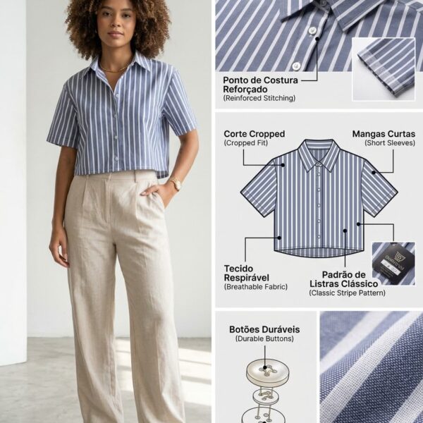 Camisa Corta de Rayas con Botones y Cuello Clásico
