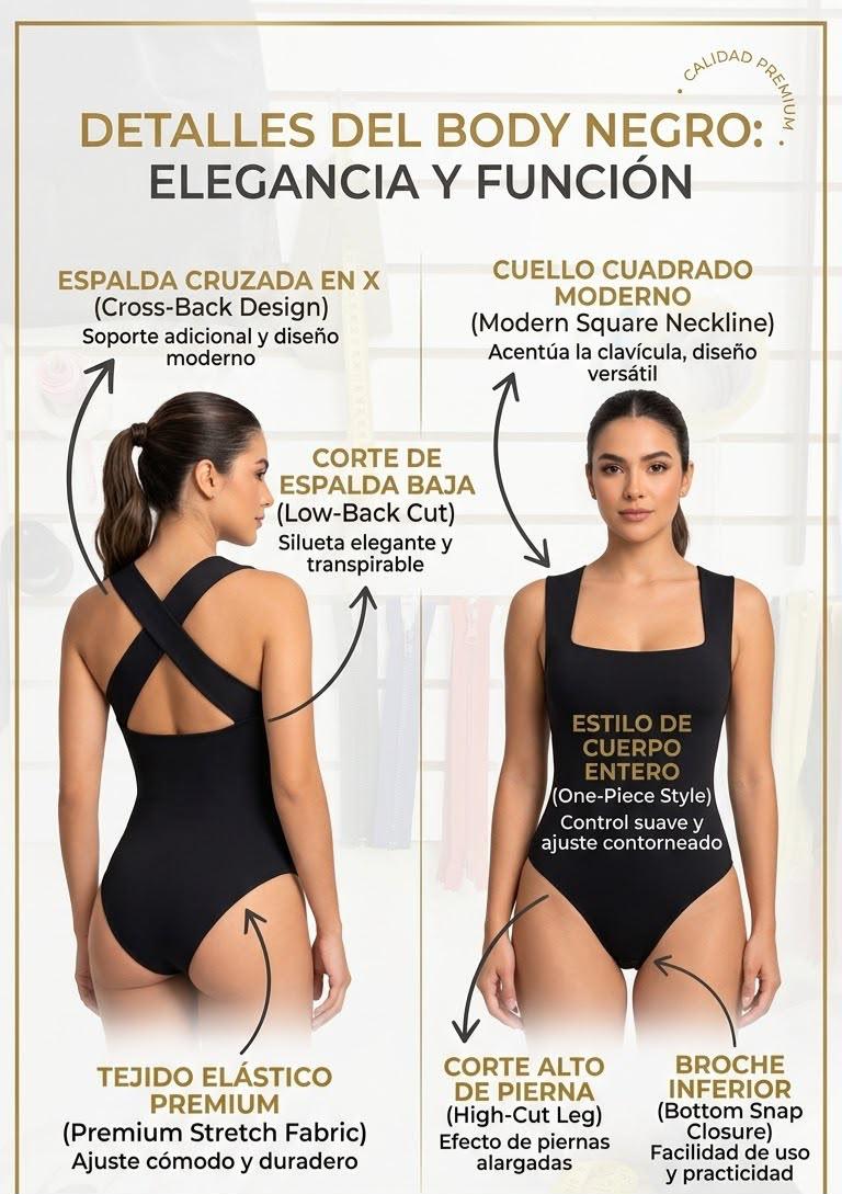 Body Negro Elegante con Espalda Cruzada en X y Cuello Cuadrado